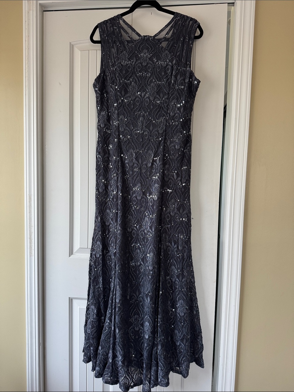 R&M Richards Charcoal Lace Sequin Maxi Dress